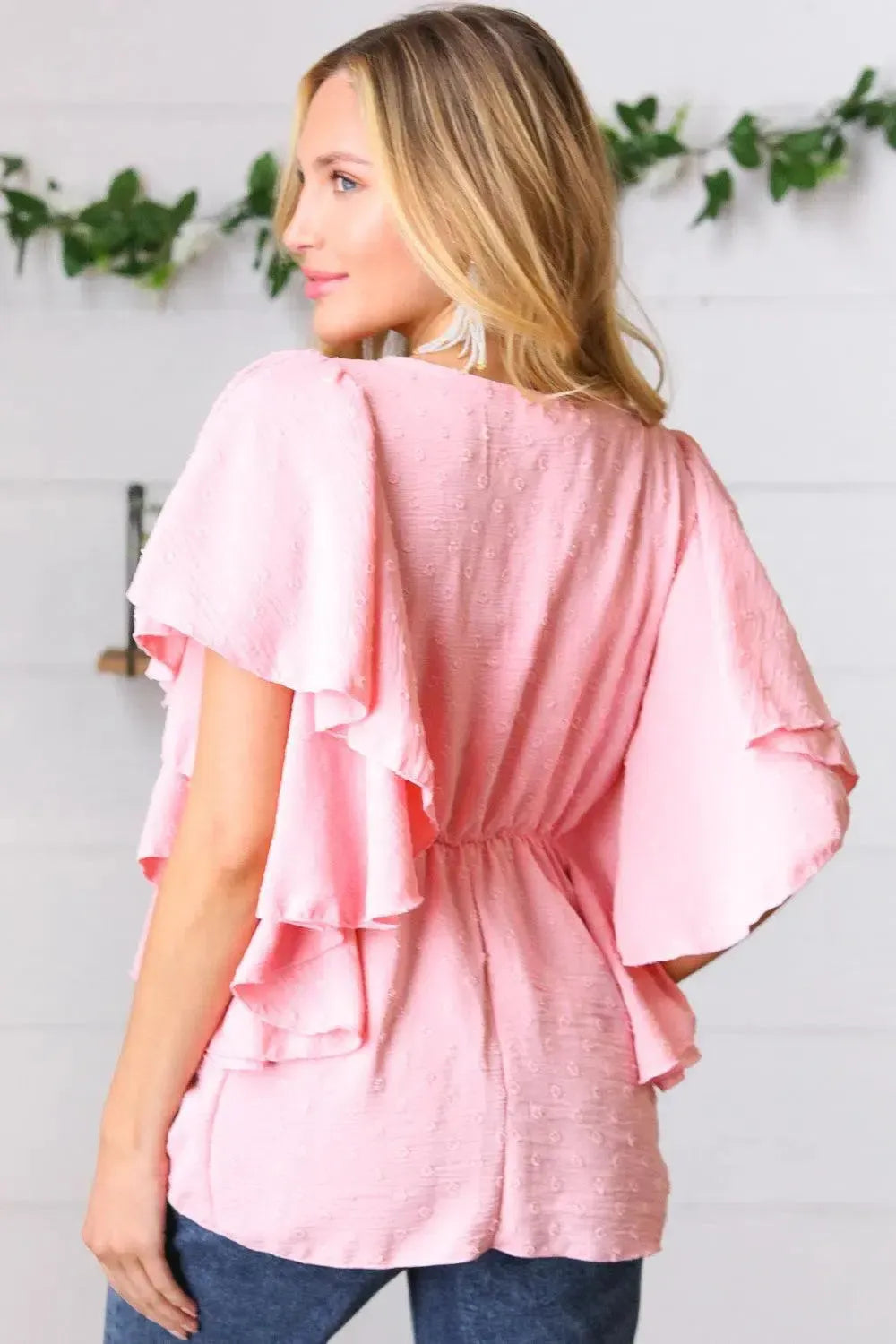 Soft Pink Swiss Dot Ruffle Woven Top-Evelyns Fashion