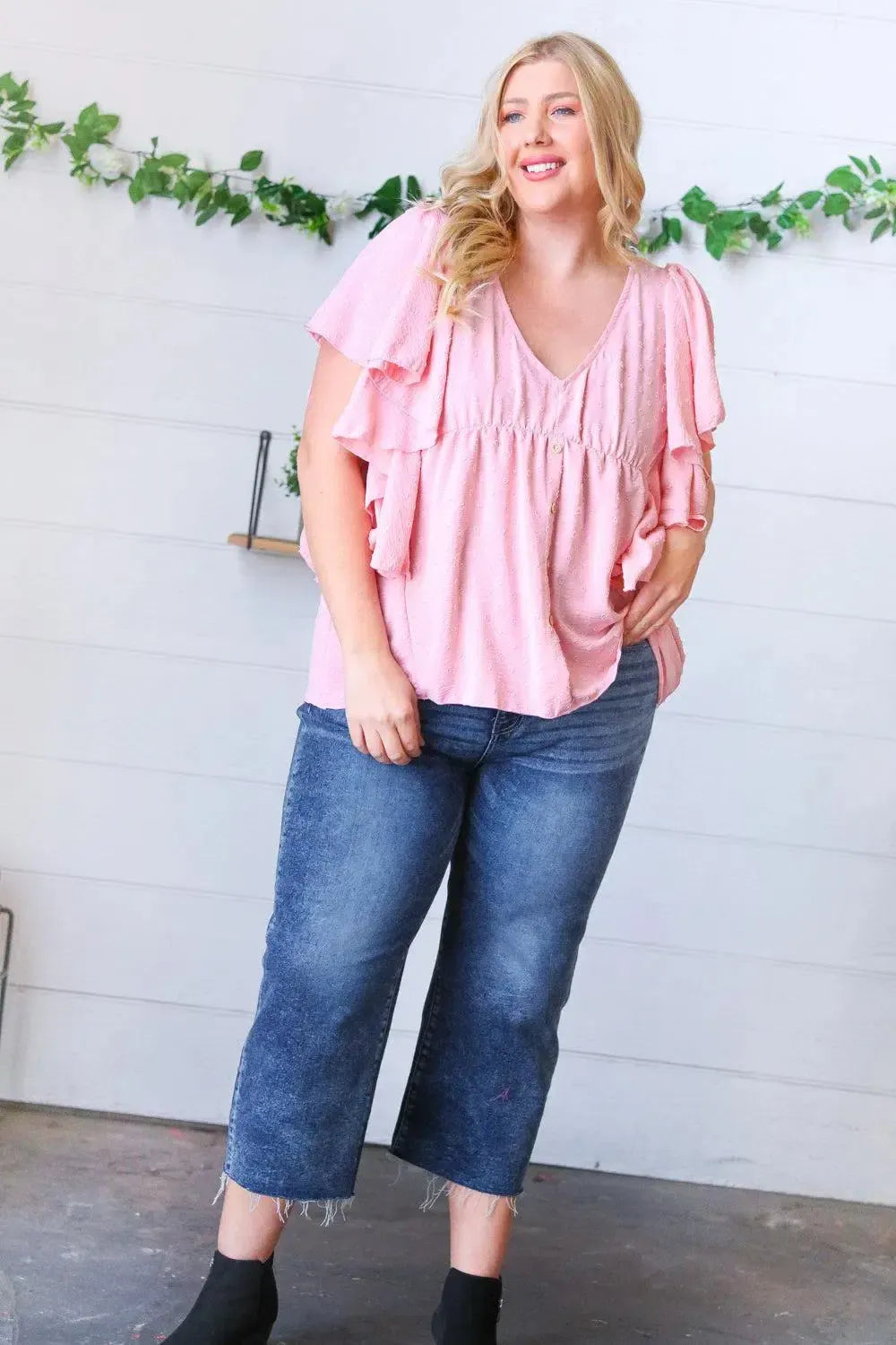 Soft Pink Swiss Dot Ruffle Woven Top-Evelyns Fashion