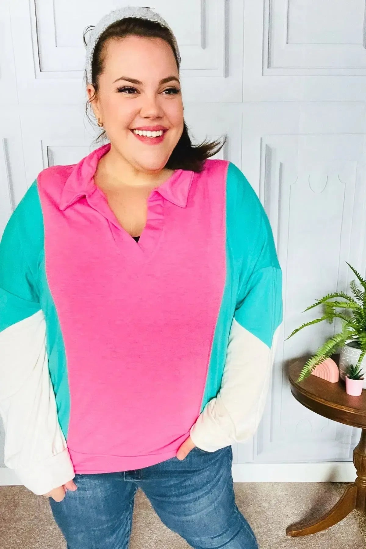 Stand Out Hot Pink & Mint V Neck Collared Terry Color Block Top-Evelyns Fashion