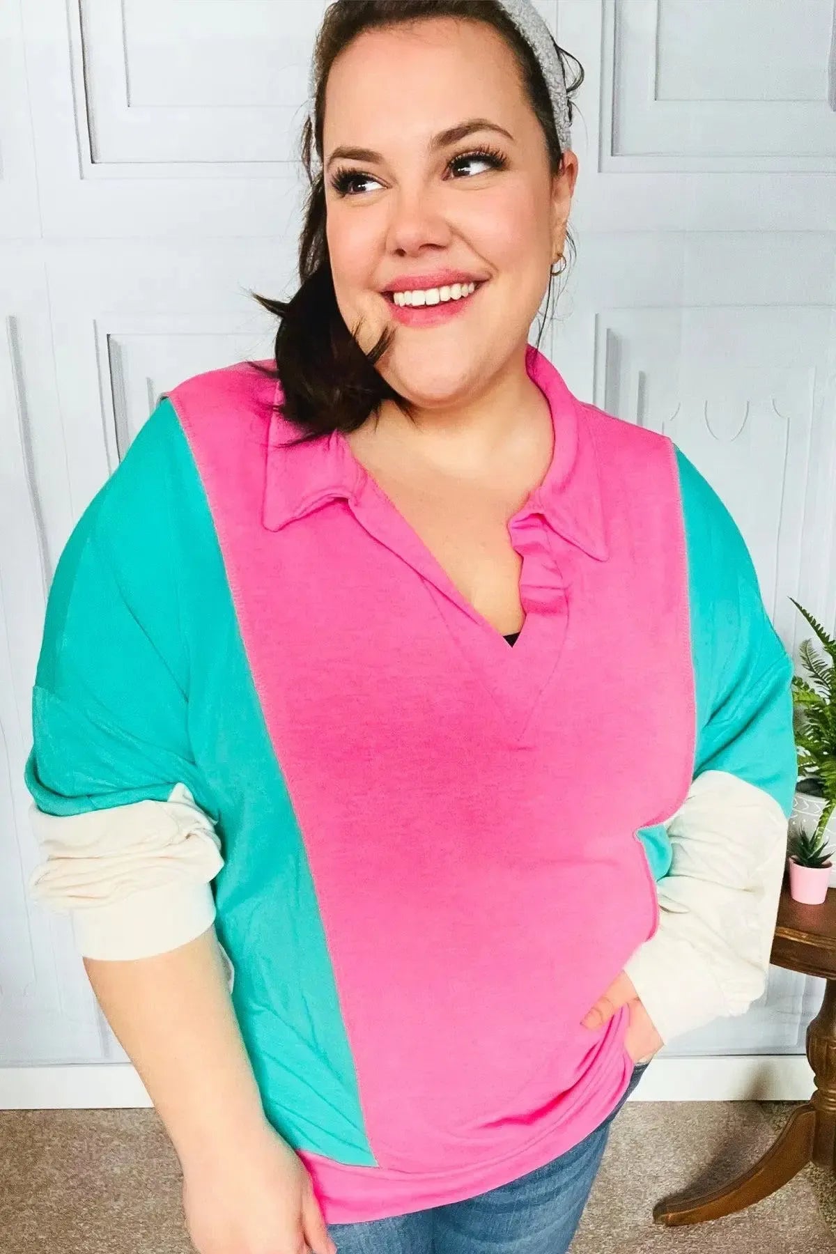 Stand Out Hot Pink & Mint V Neck Collared Terry Color Block Top-Evelyns Fashion
