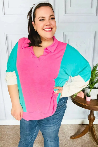 Stand Out Hot Pink & Mint V Neck Collared Terry Color Block Top-Evelyns Fashion