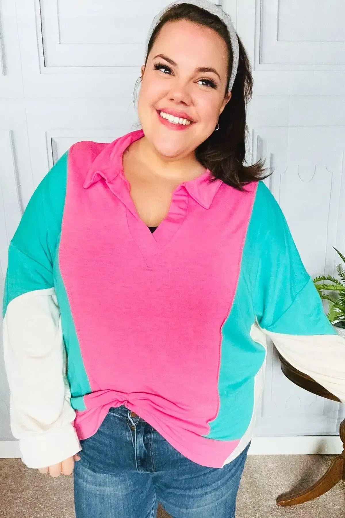 Stand Out Hot Pink & Mint V Neck Collared Terry Color Block Top-Evelyns Fashion