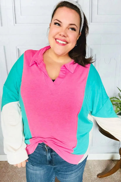 Stand Out Hot Pink & Mint V Neck Collared Terry Color Block Top-Evelyns Fashion