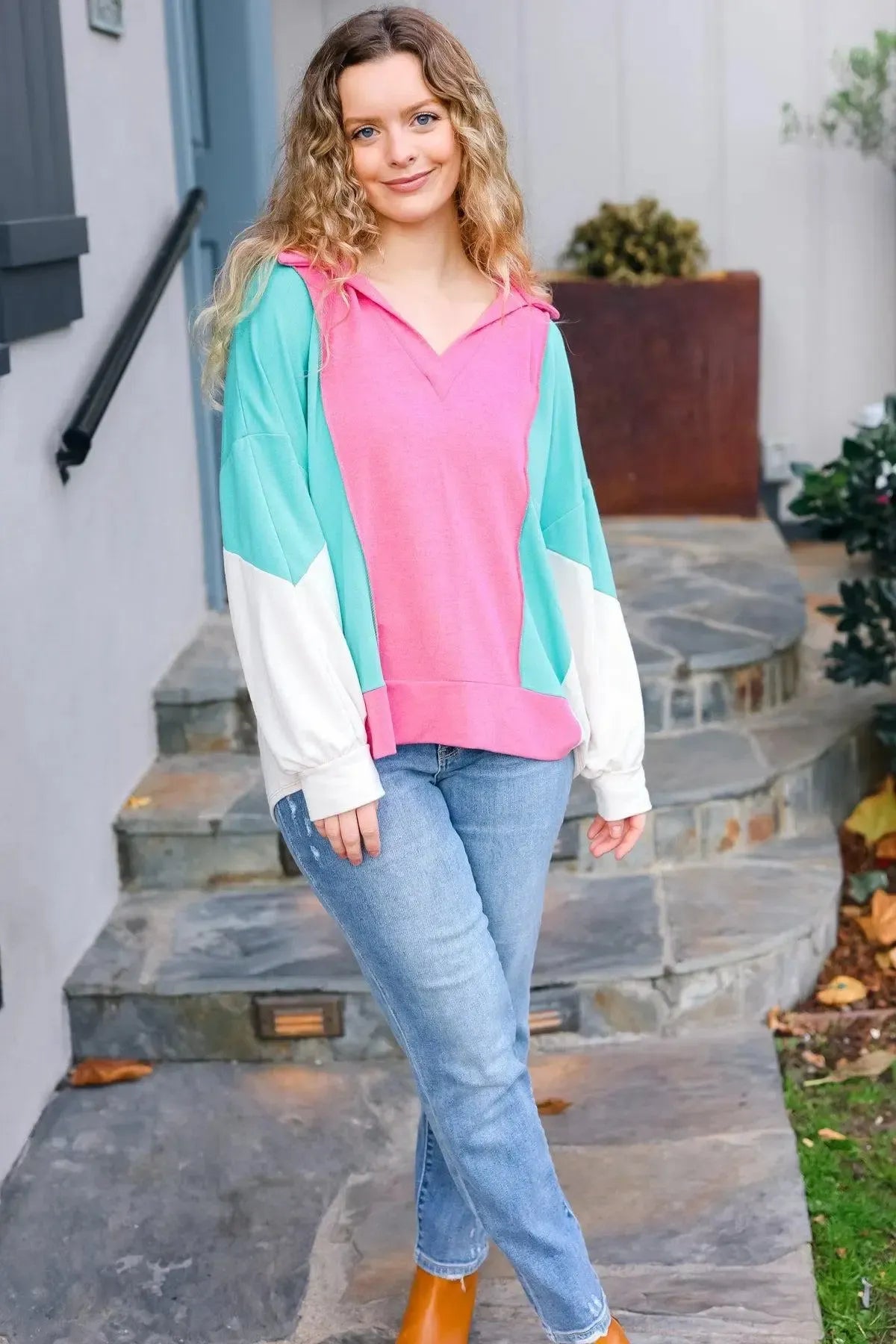 Stand Out Hot Pink & Mint V Neck Collared Terry Color Block Top-Evelyns Fashion