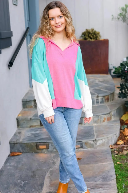Stand Out Hot Pink & Mint V Neck Collared Terry Color Block Top-Evelyns Fashion