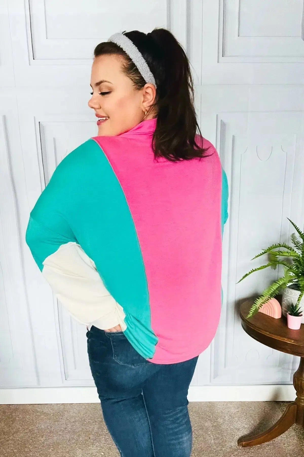 Stand Out Hot Pink & Mint V Neck Collared Terry Color Block Top-Evelyns Fashion