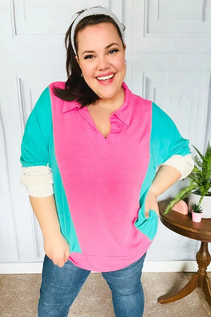 Stand Out Hot Pink & Mint V Neck Collared Terry Color Block Top-Evelyns Fashion