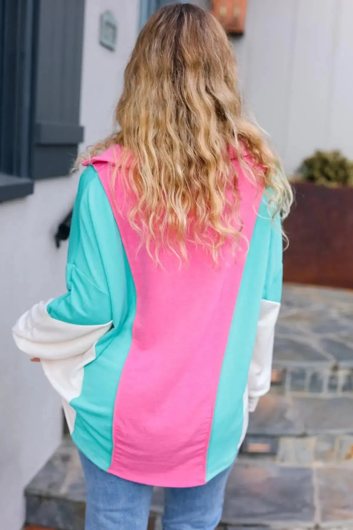 Stand Out Hot Pink & Mint V Neck Collared Terry Color Block Top-Evelyns Fashion