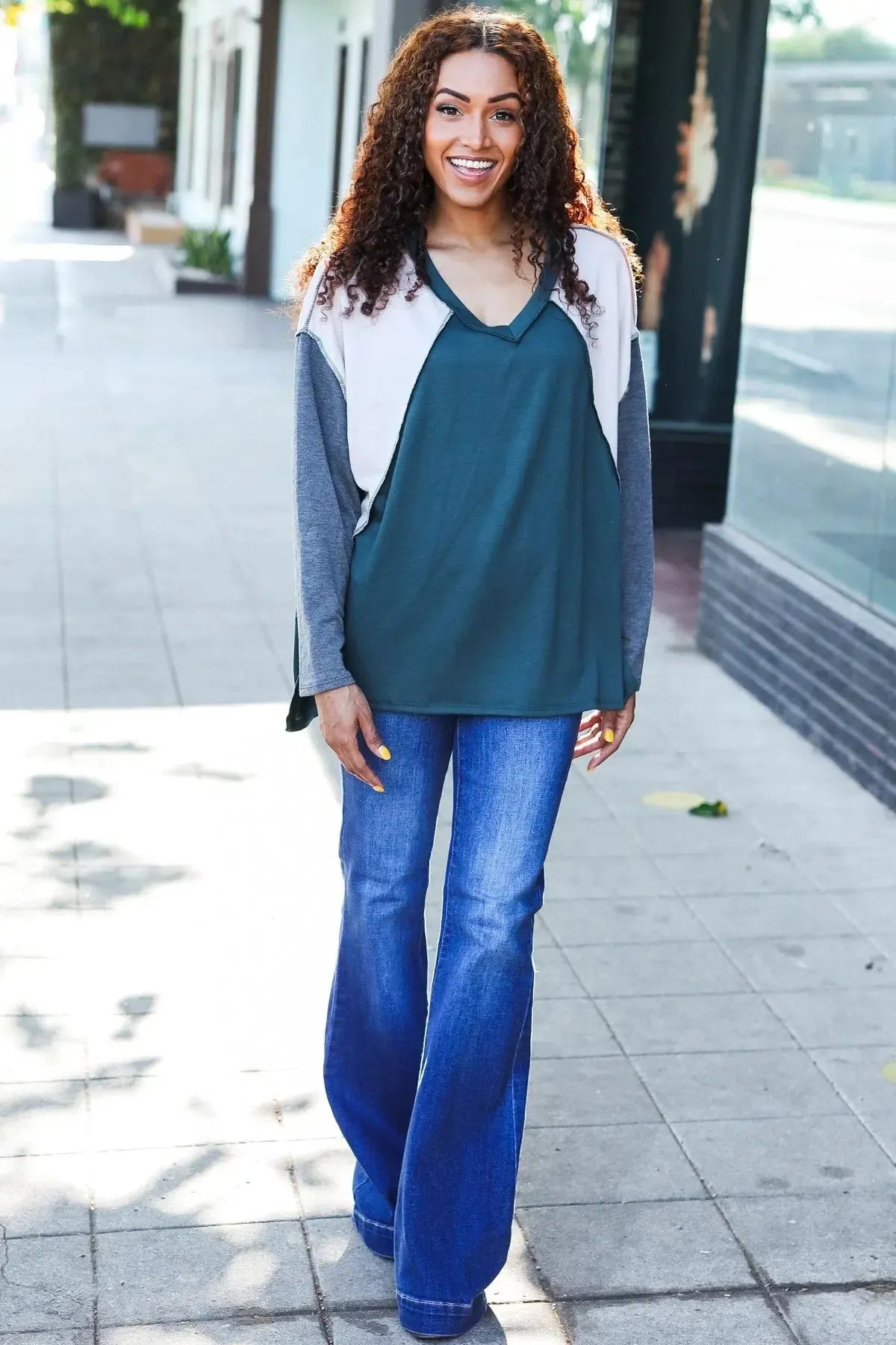 Stand Out Hunter Green V Neck Raglan Color Block Outseam Top-Evelyns Fashion