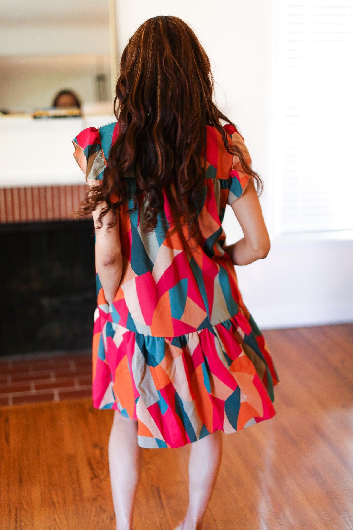 Stand Out Magenta & Teal Geometric Yoke Woven Dress-Evelyns Fashion
