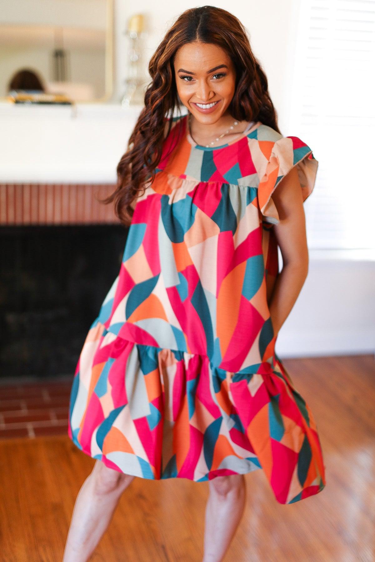 Stand Out Magenta & Teal Geometric Yoke Woven Dress-Evelyns Fashion