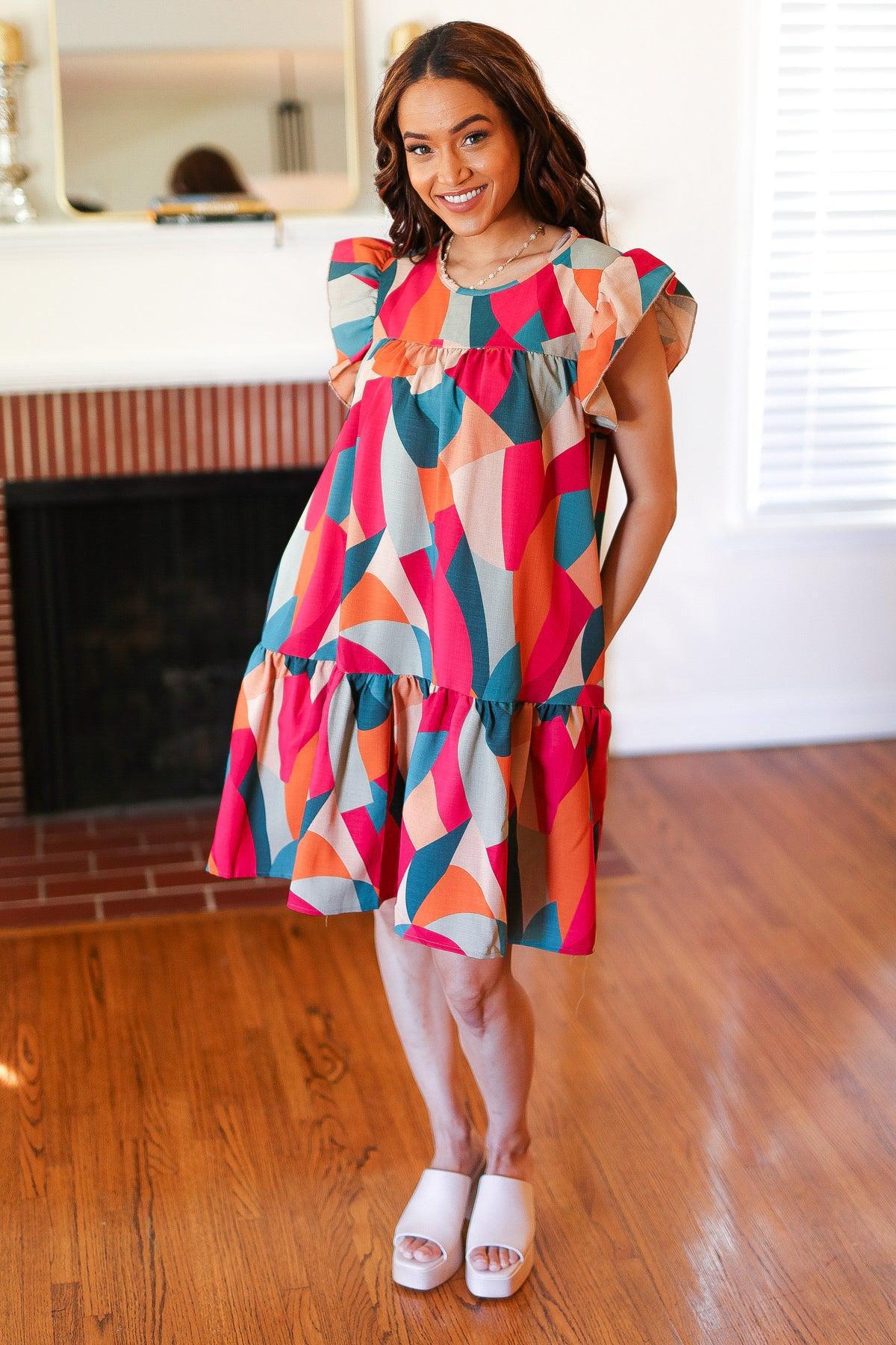 Stand Out Magenta & Teal Geometric Yoke Woven Dress-Evelyns Fashion