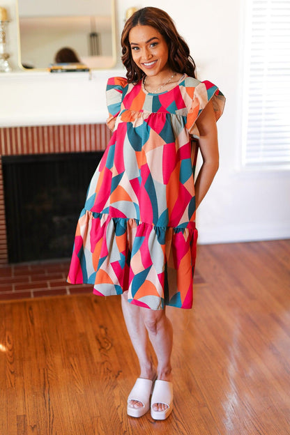 Stand Out Magenta & Teal Geometric Yoke Woven Dress-Evelyns Fashion