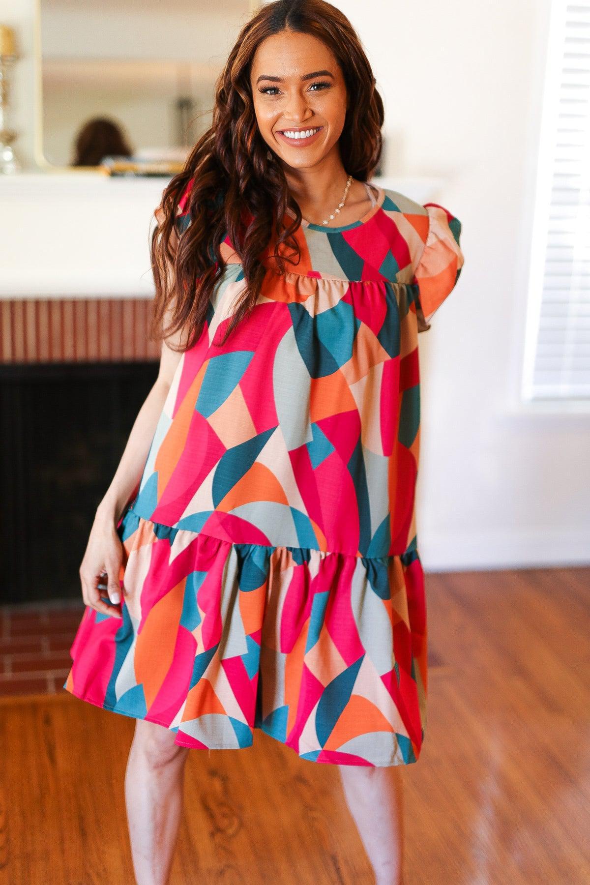 Stand Out Magenta & Teal Geometric Yoke Woven Dress-Evelyns Fashion
