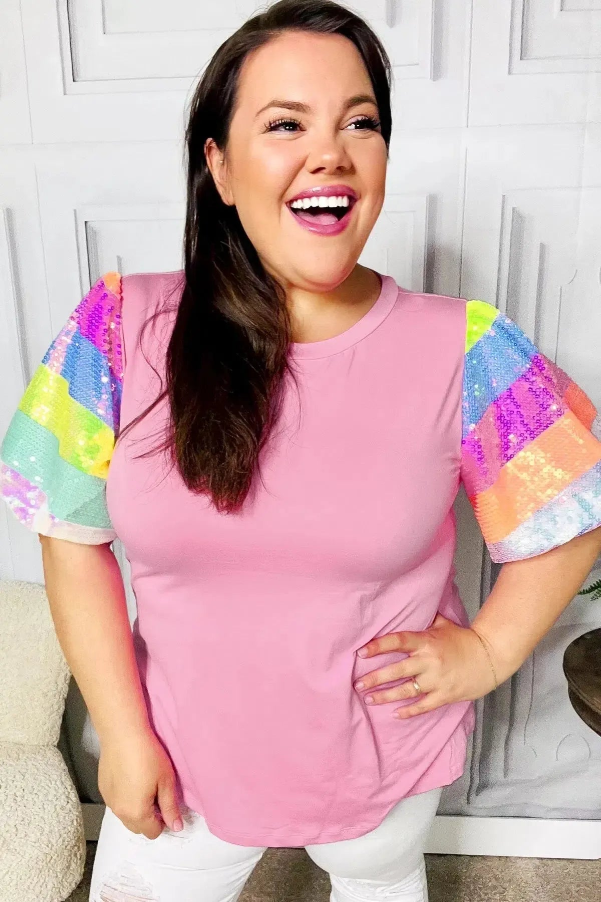 Stand Out Pink Rainbow Sequin Puff Sleeve Top-Evelyns Fashion