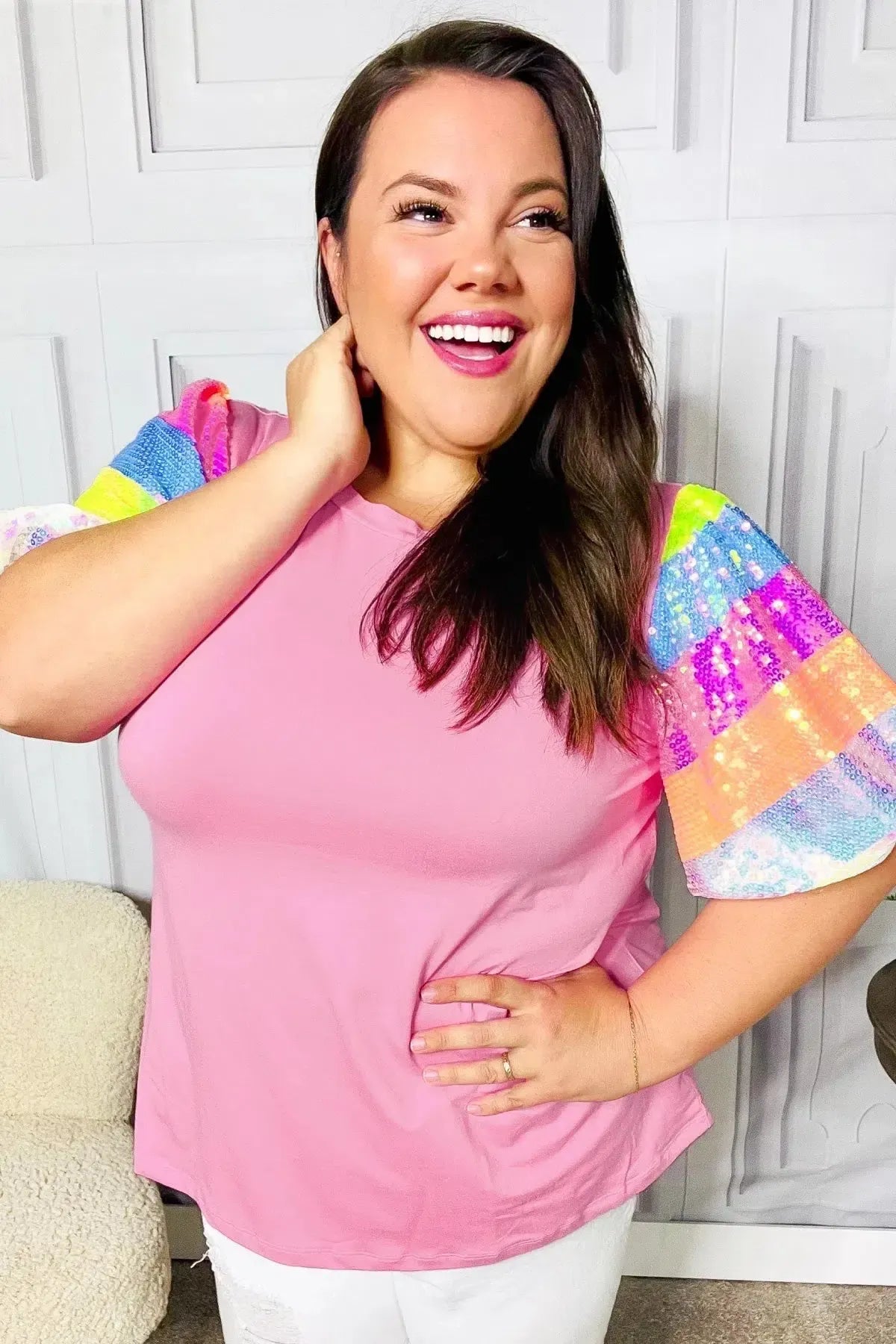 Stand Out Pink Rainbow Sequin Puff Sleeve Top-Evelyns Fashion