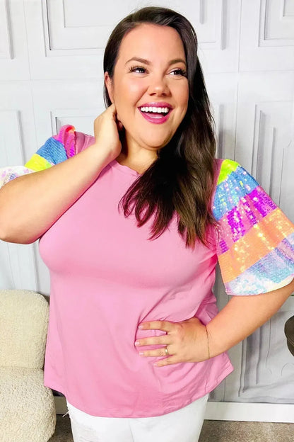 Stand Out Pink Rainbow Sequin Puff Sleeve Top-Evelyns Fashion