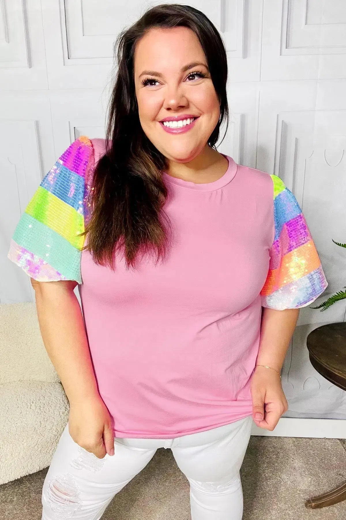 Stand Out Pink Rainbow Sequin Puff Sleeve Top-Evelyns Fashion