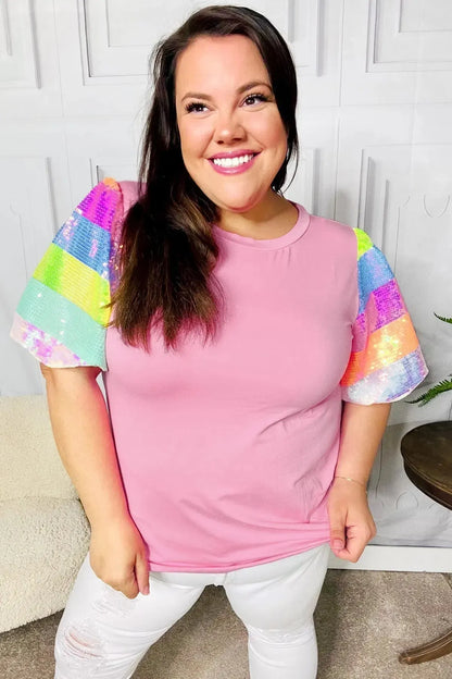 Stand Out Pink Rainbow Sequin Puff Sleeve Top-Evelyns Fashion