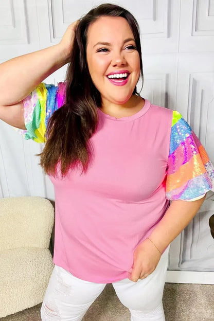 Stand Out Pink Rainbow Sequin Puff Sleeve Top-Evelyns Fashion