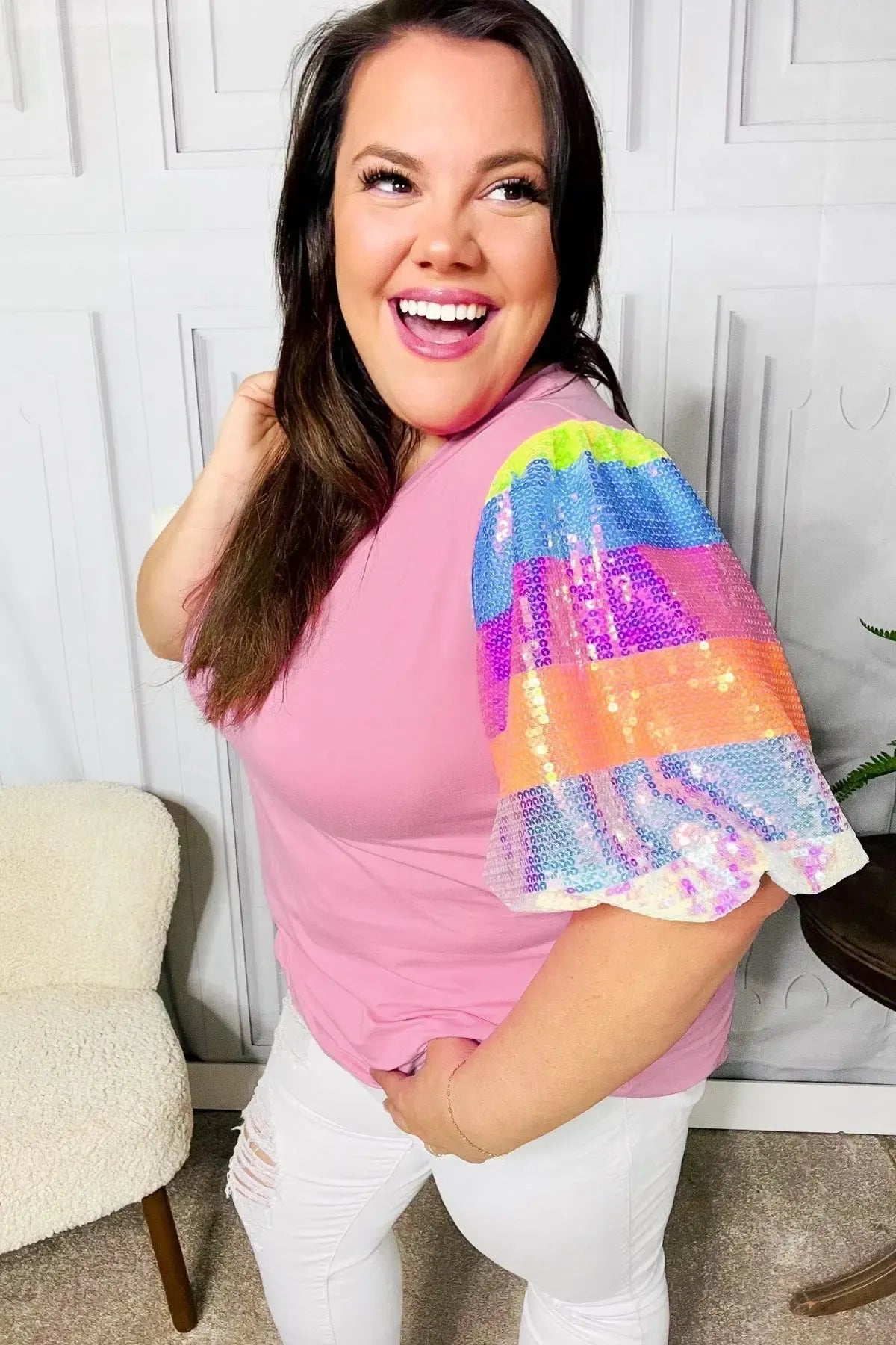 Stand Out Pink Rainbow Sequin Puff Sleeve Top-Evelyns Fashion