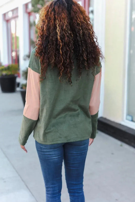 Stay Cozy: Taupe/Green Fleece Zip Up Cinched Hem Pullover-Evelyns Fashion