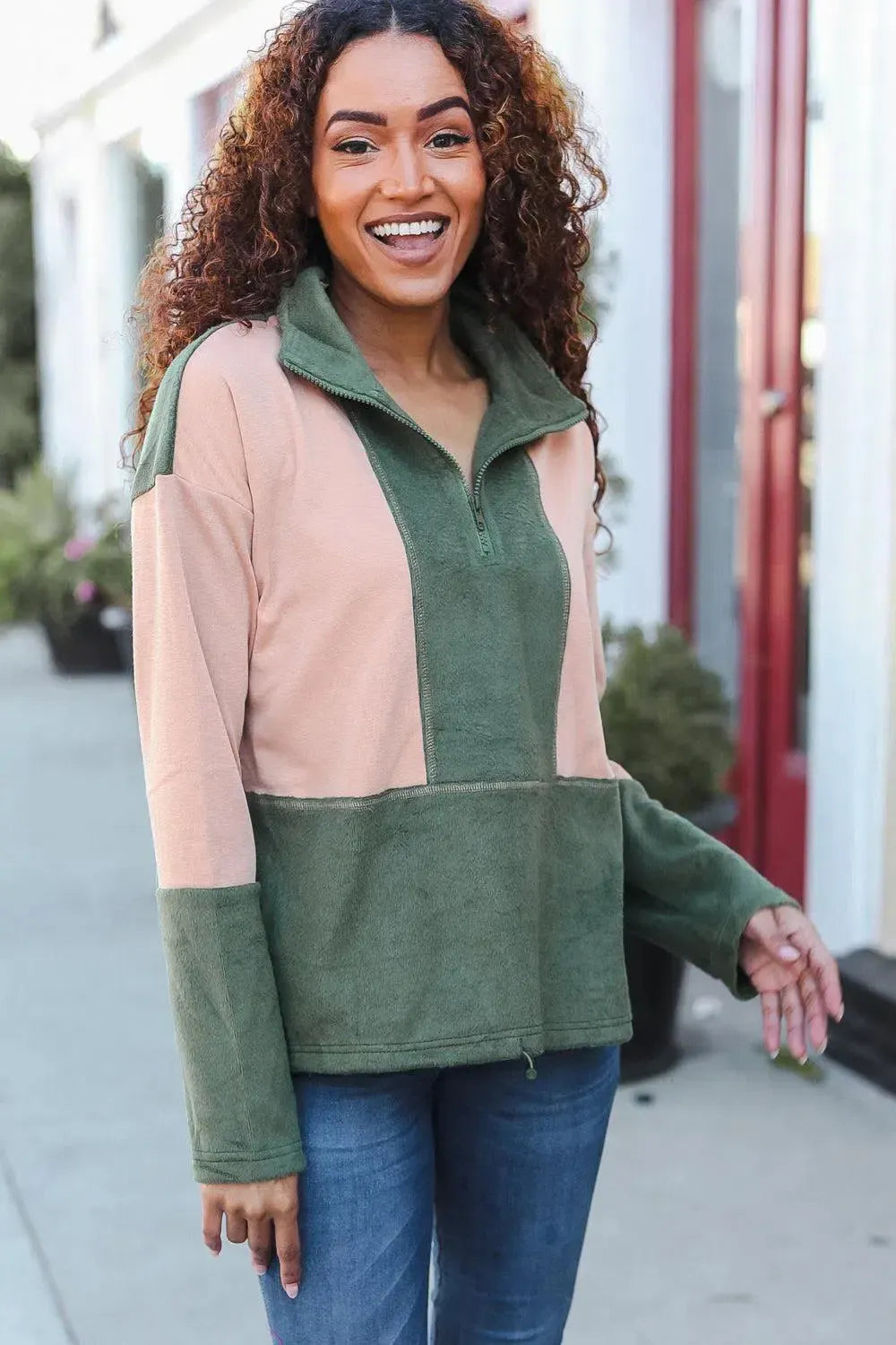 Stay Cozy: Taupe/Green Fleece Zip Up Cinched Hem Pullover-Evelyns Fashion