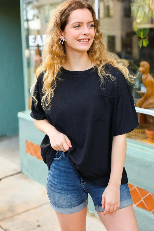 Stylish Black Crinkle Texture Dolman Top for Women-Evelyns Fashion
