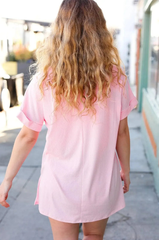 Stylish Pink Ribbed V Neck Top with Hi-Low Slit-Evelyns Fashion