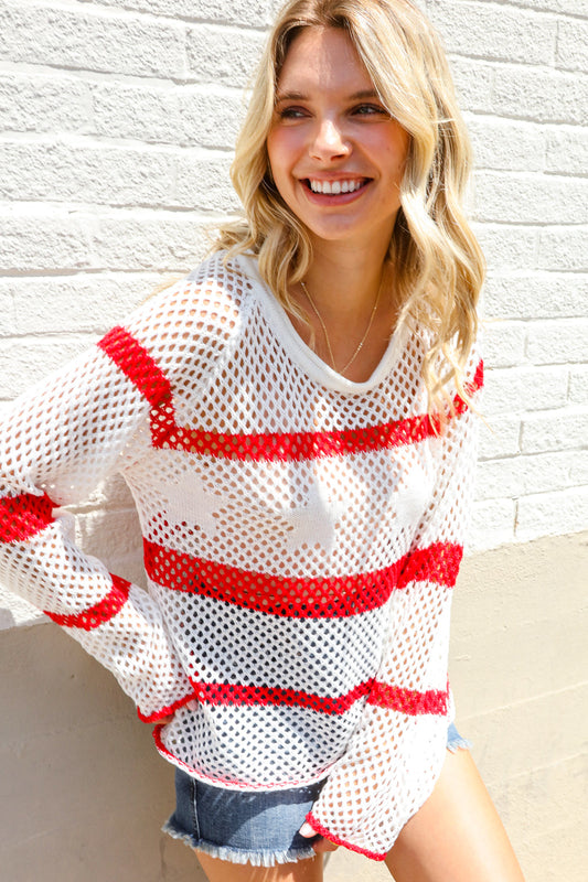 Stylish Red Stripe Crochet Netted Pullover-Sweaters-Evelyns Fashion