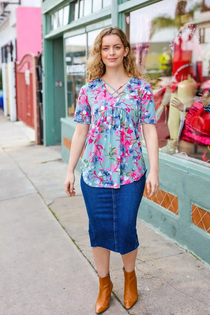 Sunny Days Light Teal Floral Criss Cross V Neck Babydoll Top-Evelyns Fashion