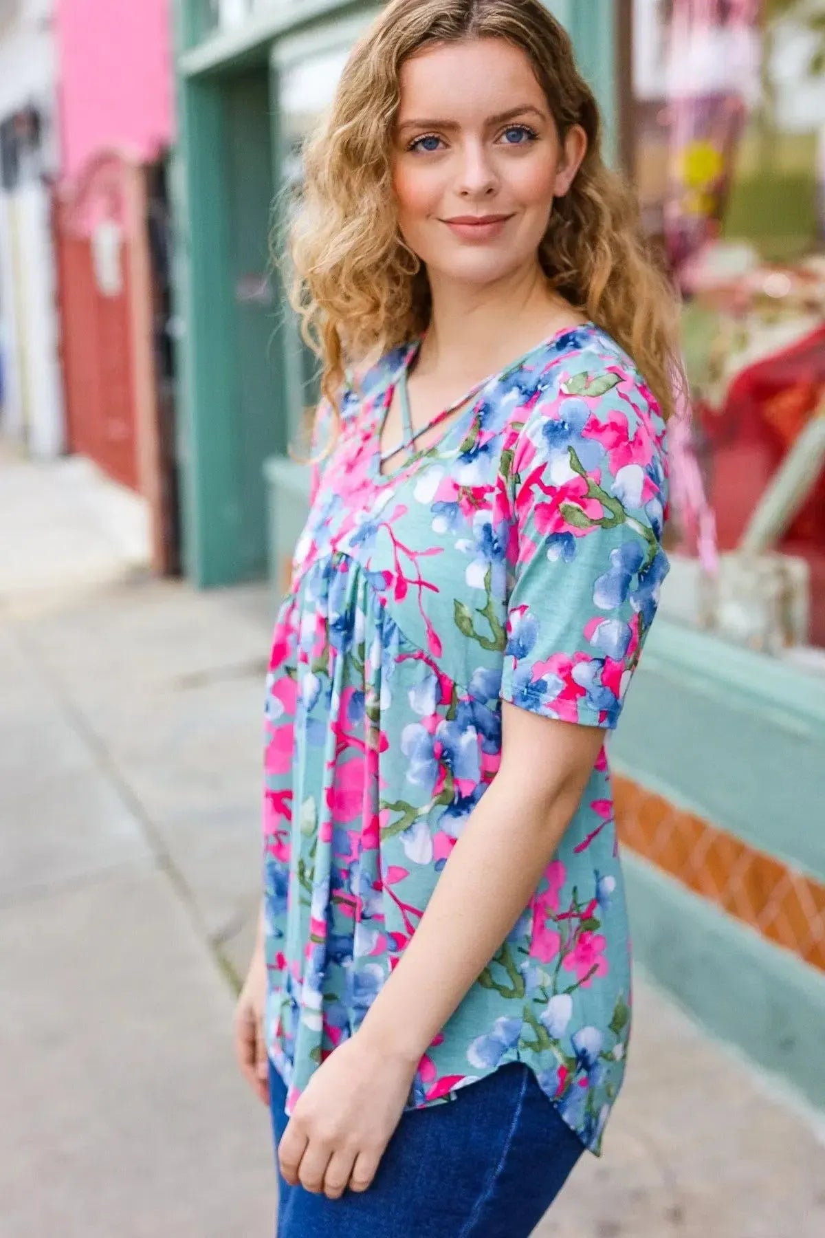 Sunny Days Light Teal Floral Criss Cross V Neck Babydoll Top-Evelyns Fashion