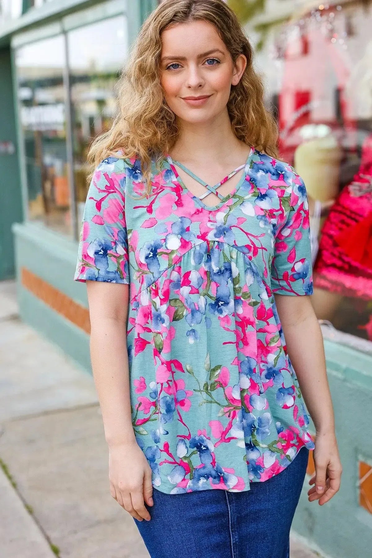 Sunny Days Light Teal Floral Criss Cross V Neck Babydoll Top-Evelyns Fashion