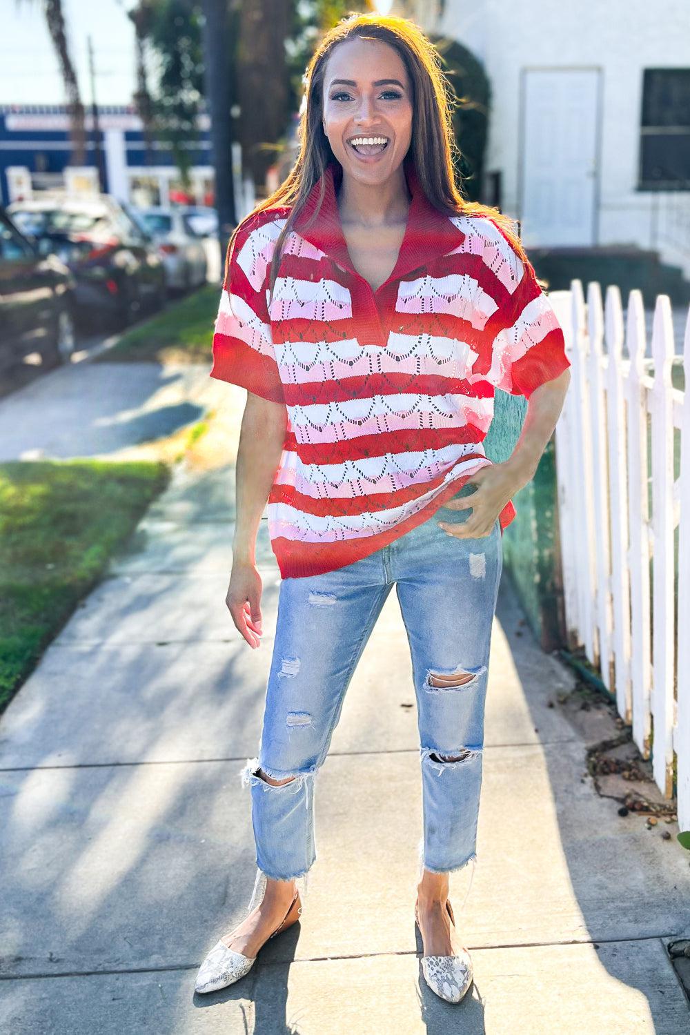 Sweetheart Ready Pointelle Collared Notch Neck Sweater-Evelyns Fashion