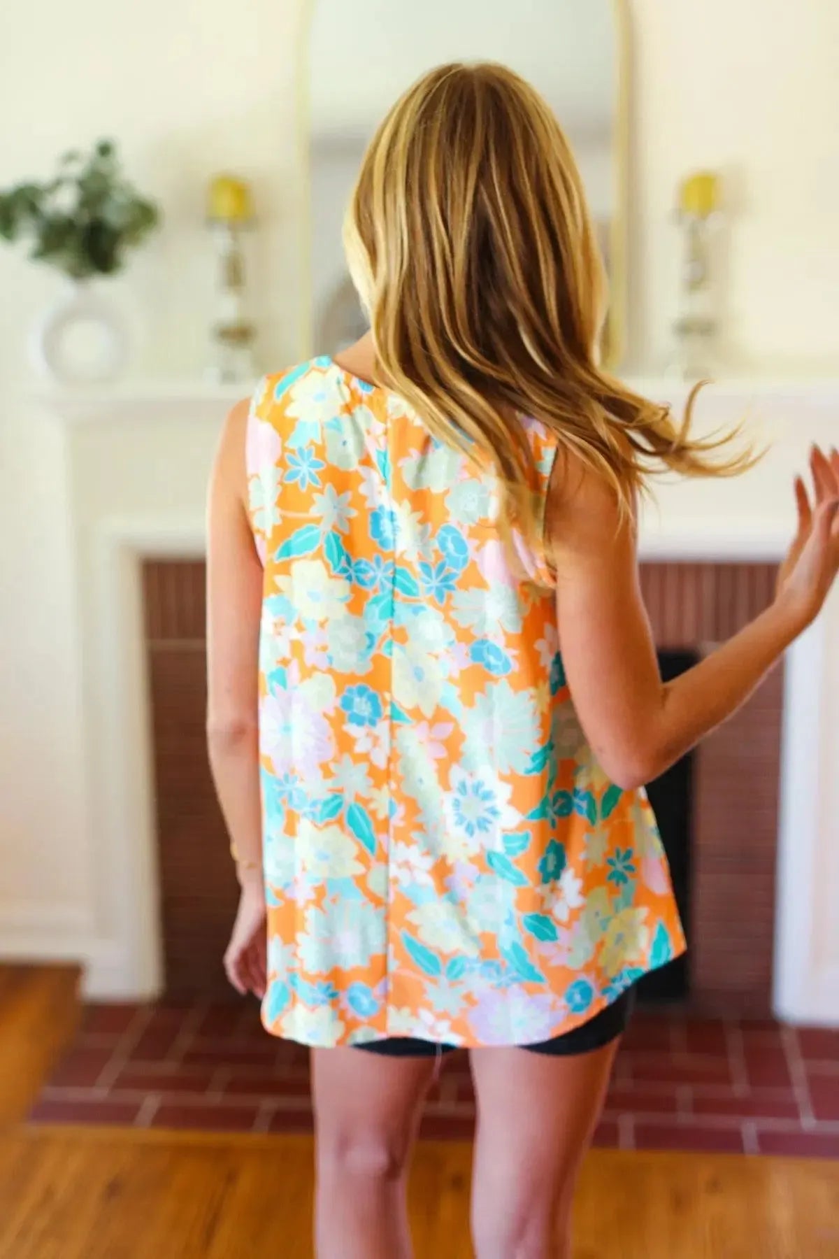 Tangerine Floral Banded V Neck Sleeveless Top-Evelyns Fashion