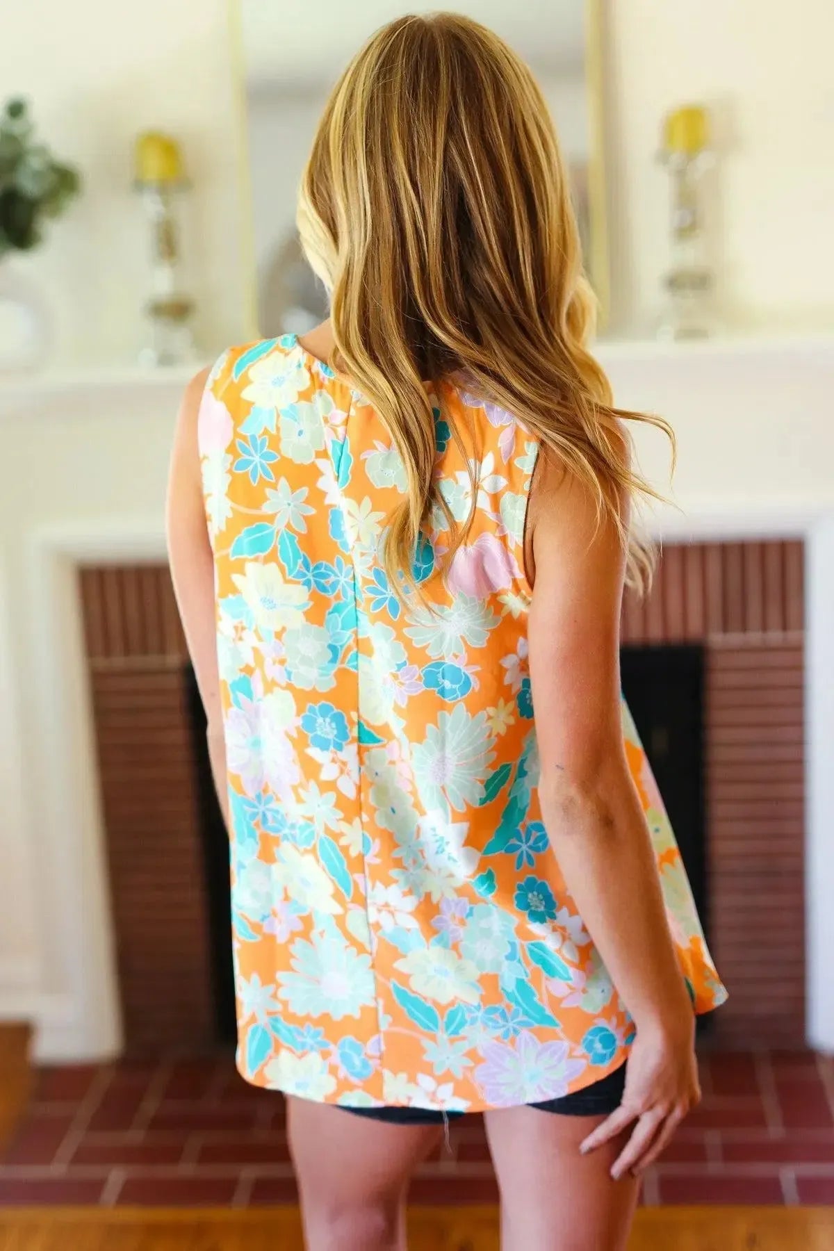 Tangerine Floral Banded V Neck Sleeveless Top-Evelyns Fashion