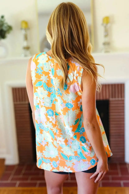 Tangerine Floral Banded V Neck Sleeveless Top-Evelyns Fashion