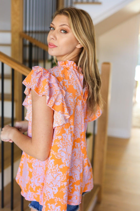 Tangerine Lilac Paisley Mock Neck Top-Blouses-Evelyns Fashion