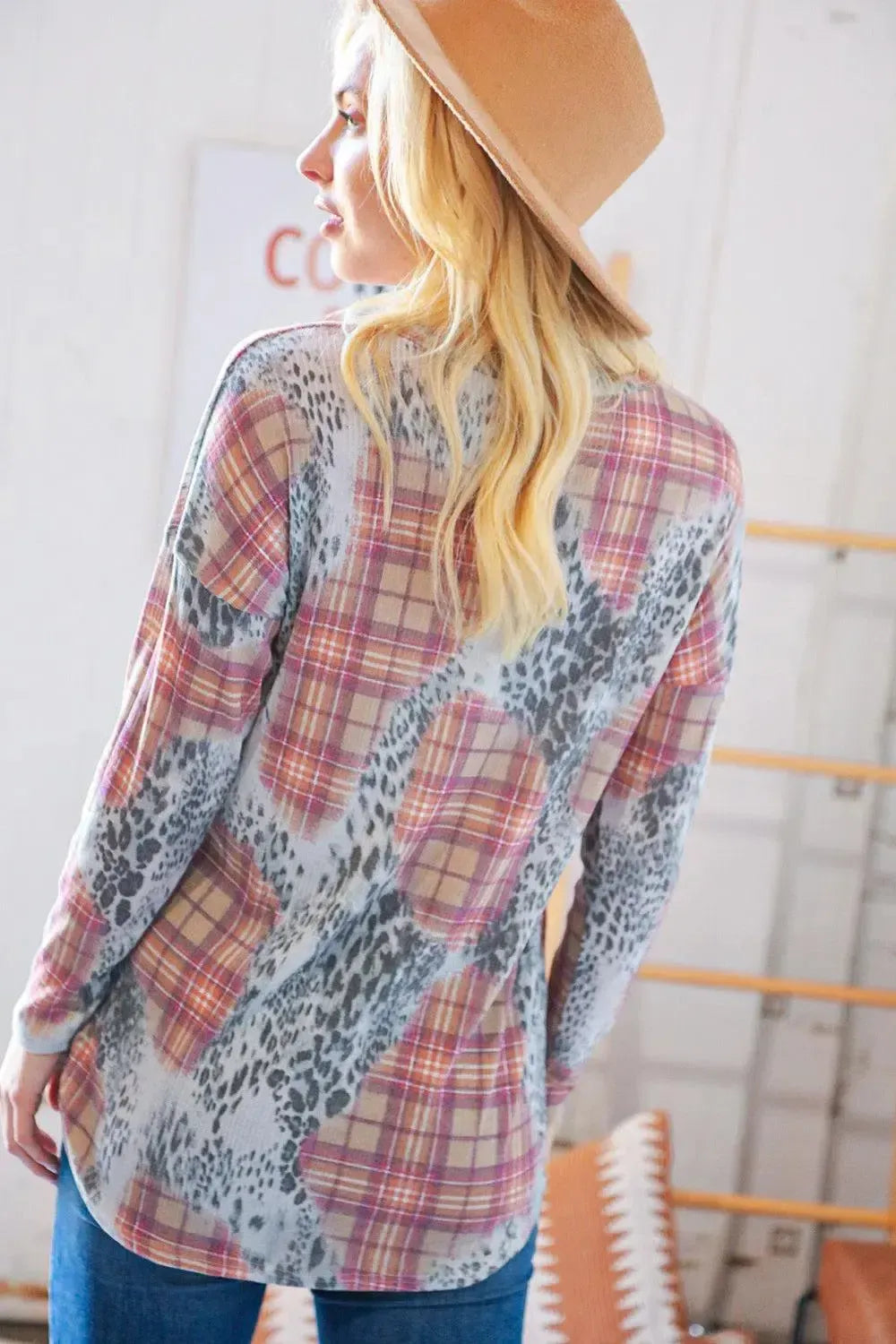 Taupe Leopard Plaid Rib Knit Round Neck Pullover-Evelyns Fashion