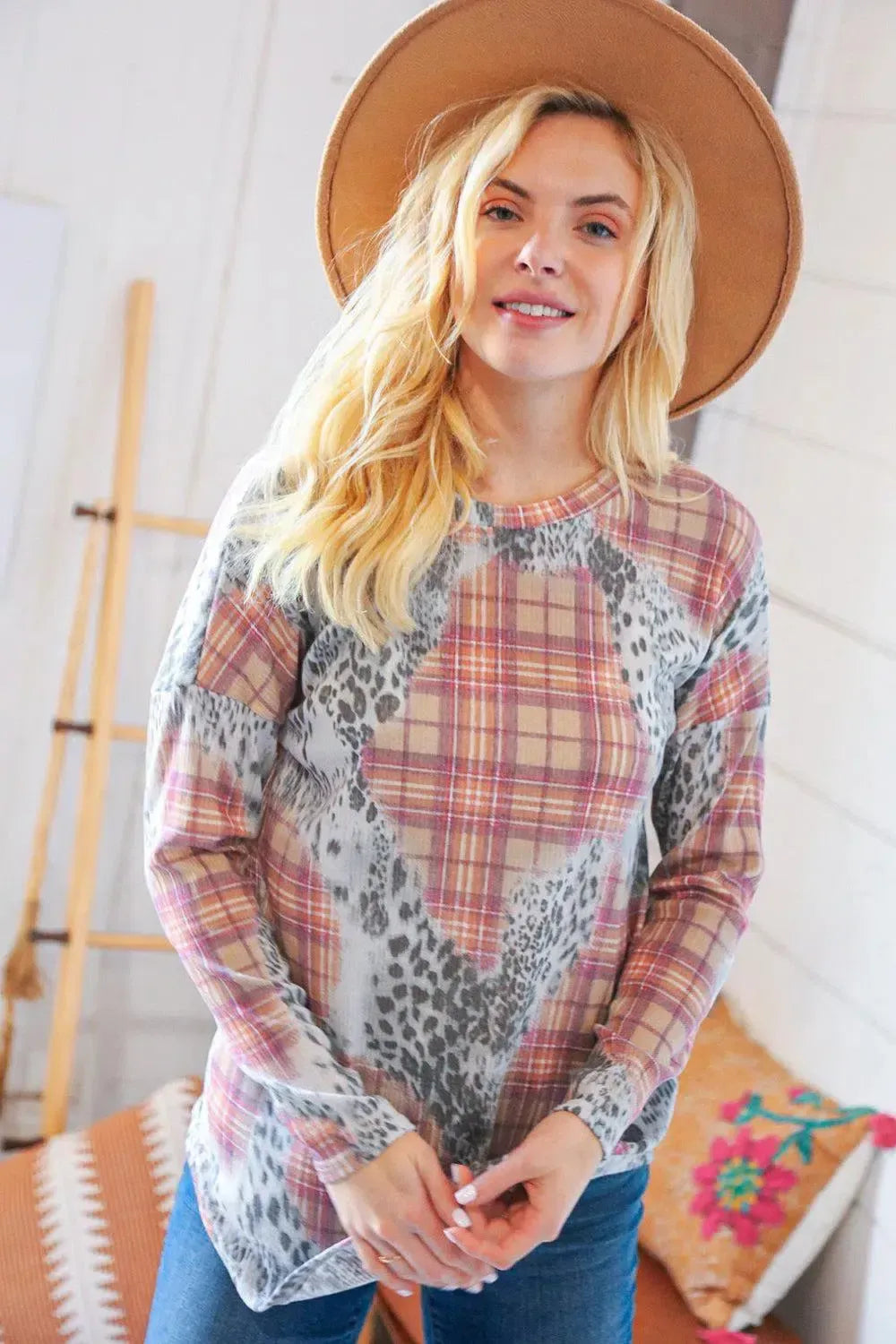 Taupe Leopard Plaid Rib Knit Round Neck Pullover-Evelyns Fashion