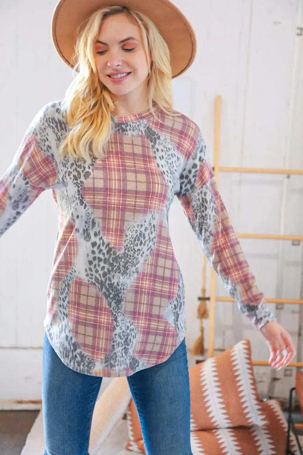 Taupe Leopard Plaid Rib Knit Round Neck Pullover-Evelyns Fashion