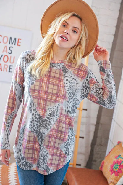 Taupe Leopard Plaid Rib Knit Round Neck Pullover-Evelyns Fashion