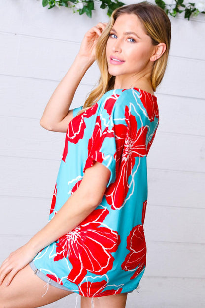 Teal & Cherry Red Floral Print V Neck Top-Evelyns Fashion
