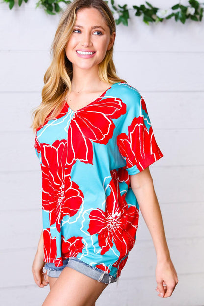 Teal & Cherry Red Floral Print V Neck Top-Evelyns Fashion