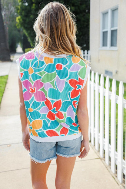 Teal Floral Rib Dolman Sleeve Top-Evelyns Fashion