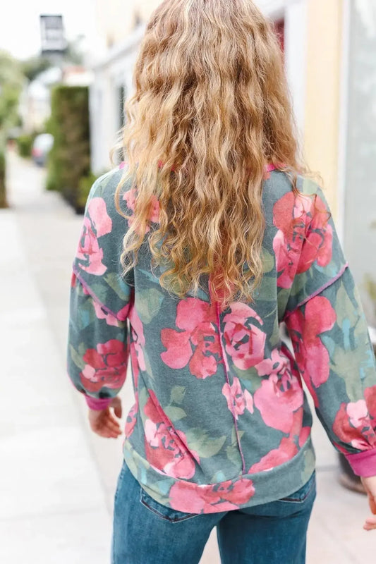 Teal Floral V-Neck Sweater-Evelyns Fashion