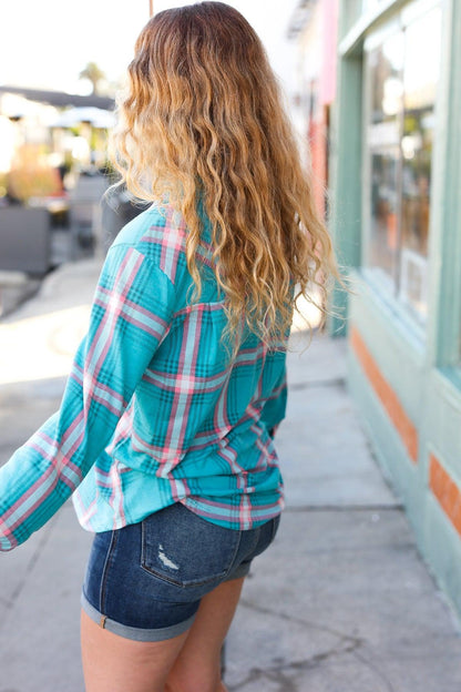 Teal & Pink Plaid Front Pocket Button Down Shacket-Evelyns Fashion