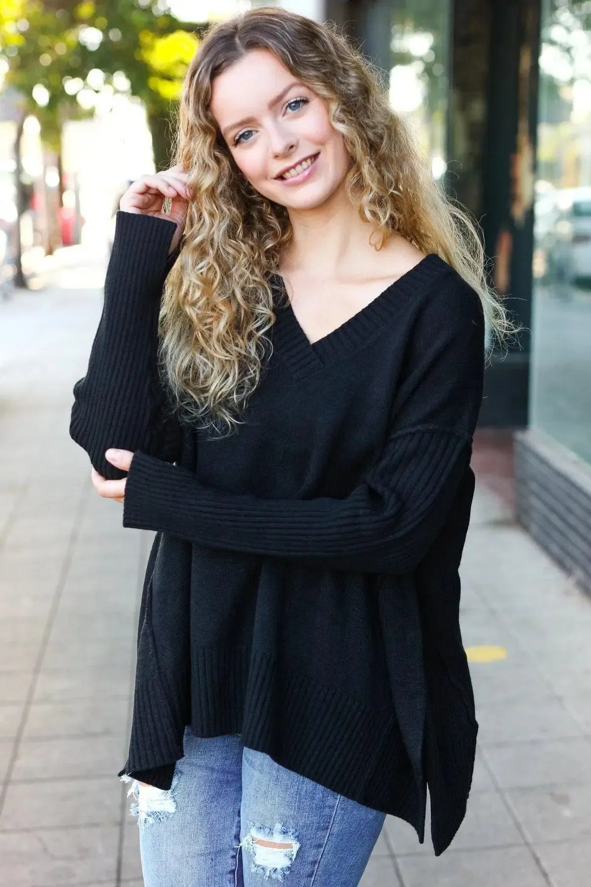 Timeless Comfort: Black Oversized V-Neck Rib Knit Sweater-Sweaters-Evelyns Fashion
