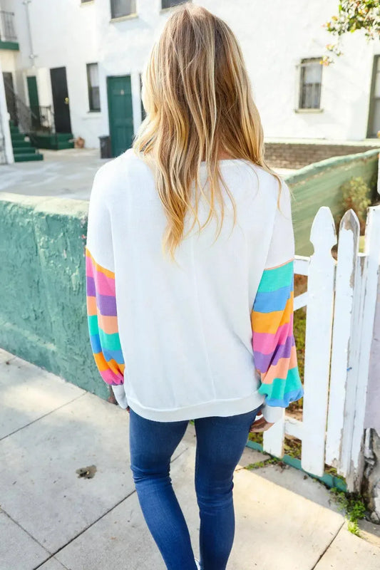 Timeless Comfort: Cream Stripe Hacci Knit Pullover-Evelyns Fashion