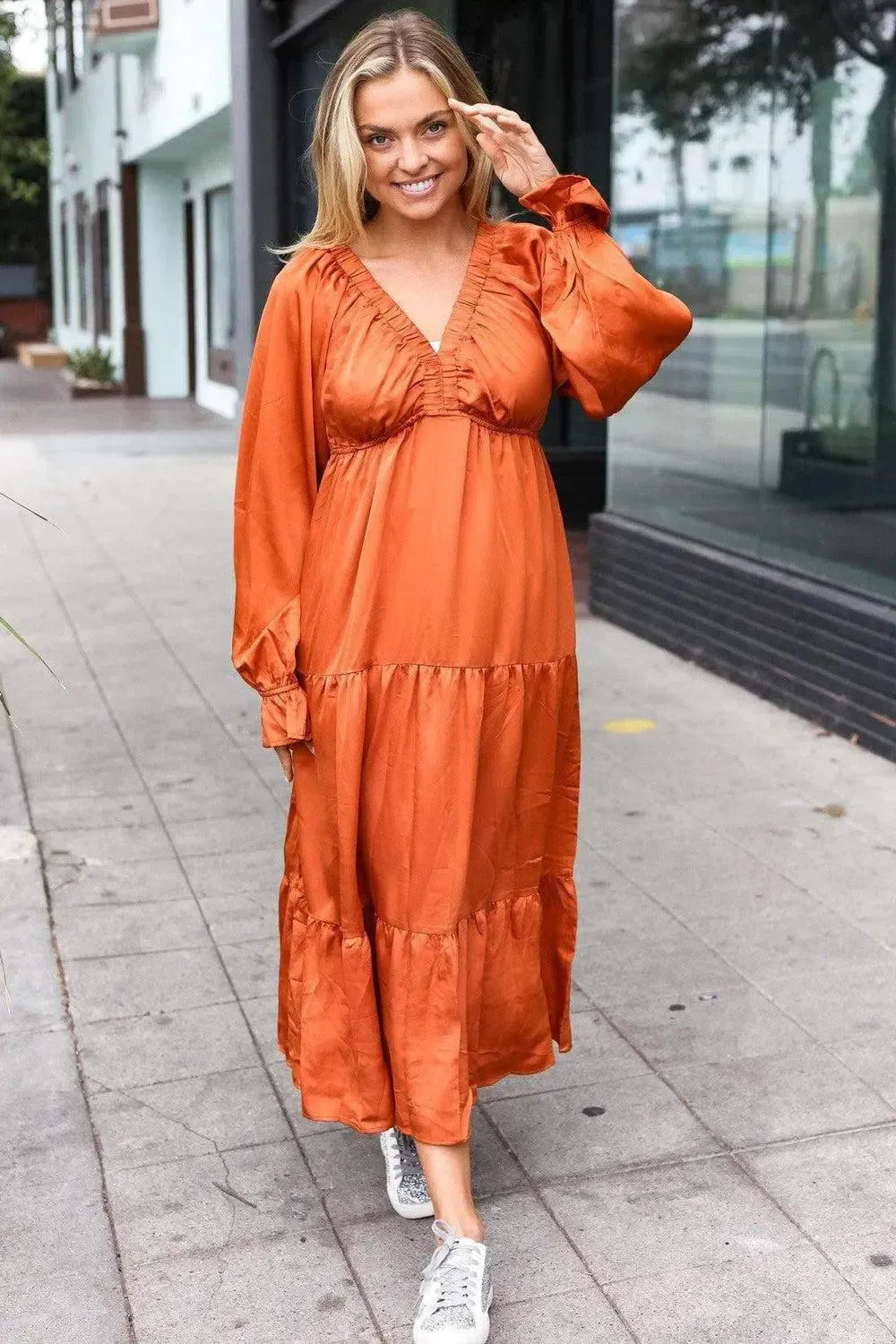 Timeless Elegance: Elastic V-Neck Maxi Dress in Rust-Evelyns Fashion